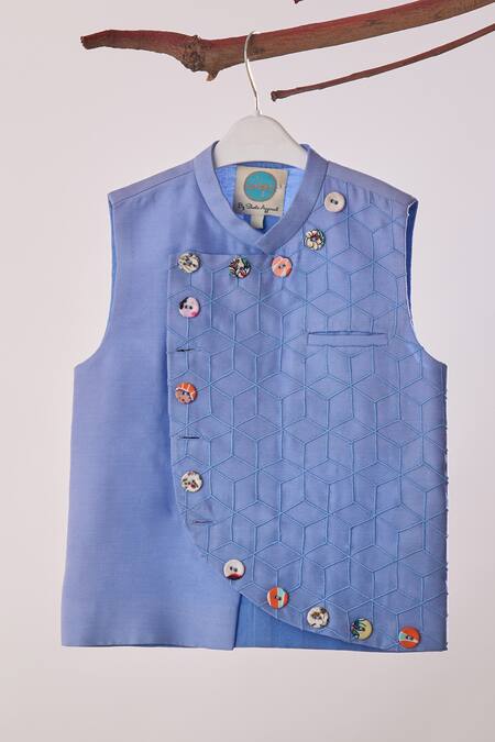 Turqidz By Shweta Aggarwal Blue Chanderi, Cotton Beads Thread Embroidered Bundi Online at Aza Fashions Turqidz By Shweta Aggarwal_Blue Chanderi, Cotton Beads Thread Embroidered Bundi _Online_at_Aza_Fashions