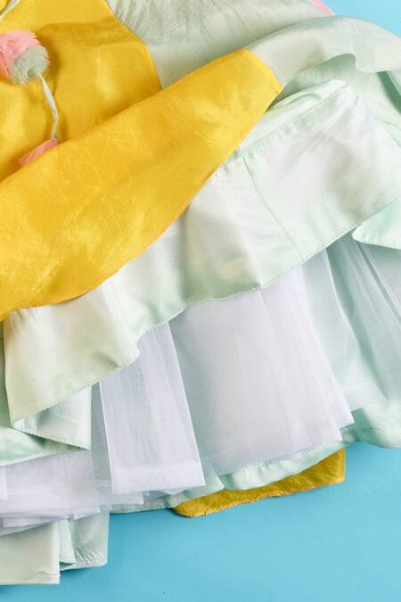 Turqidz By Shweta Aggarwal Multi Color Silk, Linen Tassels Panelled Lehenga And Embroidered Blouse Set Online at Aza Fashions Turqidz By Shweta Aggarwal_Multi Color Silk, Linen Tassels Panelled Lehenga And Embroidered Blouse Set _Online_at_Aza_Fashions