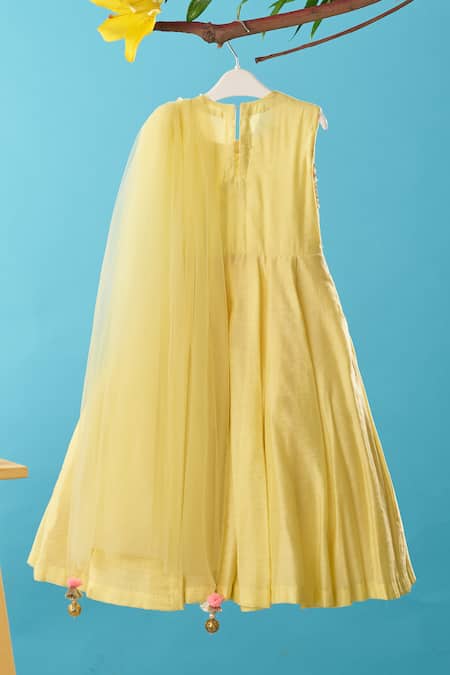 Shop Turqidz By Shweta Aggarwal Yellow Net, Chanderi, Cotton, Satin Beads, Pearls, Embroidered Yoke Draped Gown at Aza Fashions Shop_Turqidz By Shweta Aggarwal_Yellow Net, Chanderi, Cotton, Satin Beads, Pearls, Embroidered Yoke Draped Gown _at_Aza_Fashions