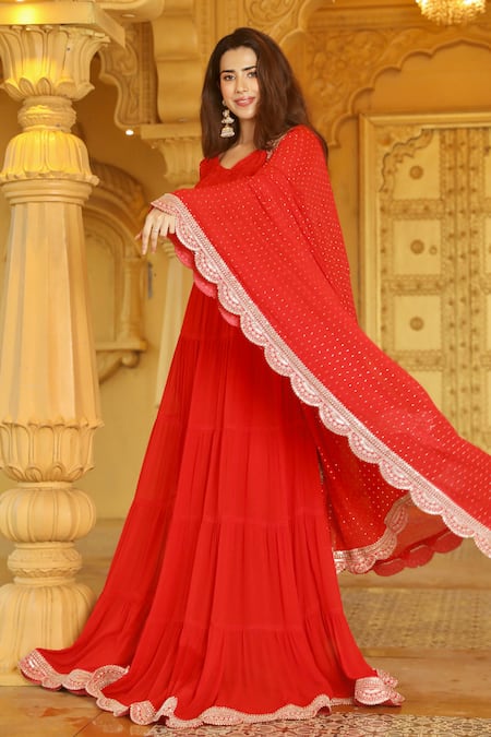 LABEL AISHWARYRIKA Fire Ruby Chikankari Embroidered Blouse Lehenga Set 