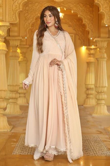 Shop LABEL AISHWARYRIKA Beige Georgette Embroidery, Sequins Sandstone Chikankari Angrakha Anarkali Set at Aza Fashions Shop_LABEL AISHWARYRIKA_Beige Georgette Embroidery, Sequins Sandstone Chikankari Angrakha Anarkali Set _at_Aza_Fashions