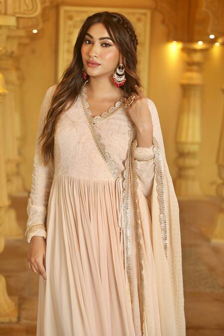 LABEL AISHWARYRIKA Beige Georgette Embroidery, Sequins Sandstone Chikankari Angrakha Anarkali Set Online at Aza Fashions LABEL AISHWARYRIKA_Beige Georgette Embroidery, Sequins Sandstone Chikankari Angrakha Anarkali Set _Online_at_Aza_Fashions