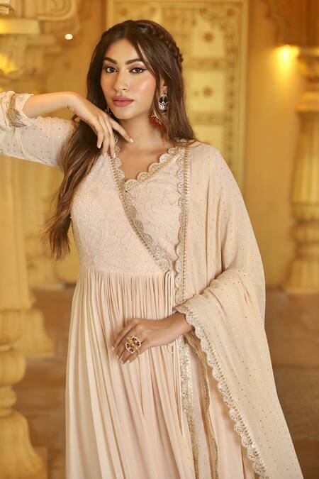 Buy LABEL AISHWARYRIKA Beige Georgette Embroidery, Sequins Sandstone Chikankari Angrakha Anarkali Set Online at Aza Fashions Buy_LABEL AISHWARYRIKA_Beige Georgette Embroidery, Sequins Sandstone Chikankari Angrakha Anarkali Set _Online_at_Aza_Fashions