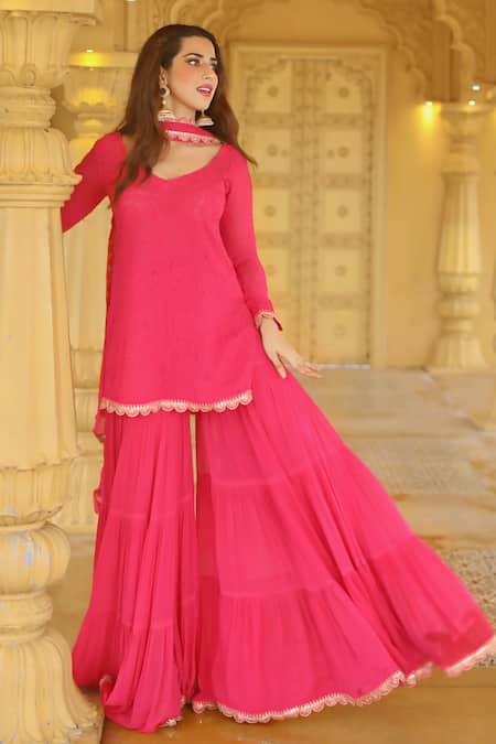 Shop LABEL AISHWARYRIKA Pink Georgette Embroidery, Sequins Chikankari Kurta Gharara Set at Aza Fashions Shop_LABEL AISHWARYRIKA_Pink Georgette Embroidery, Sequins Chikankari Kurta Gharara Set _at_Aza_Fashions