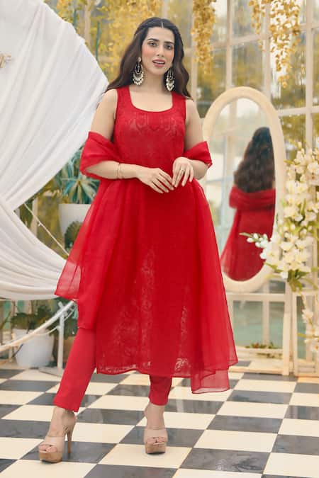 Red Party wear Women Kurti Pant Dupatta Suit – mahezon