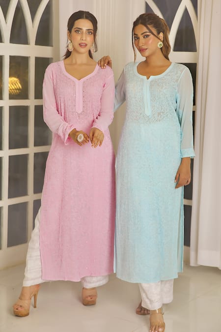 LABEL AISHWARYRIKA Pink Georgette Embroidery Split V-neck Jasmine Chikankari Kurta Online at Aza Fashions LABEL AISHWARYRIKA_Pink Georgette Embroidery Split V-neck Jasmine Chikankari Kurta _Online_at_Aza_Fashions