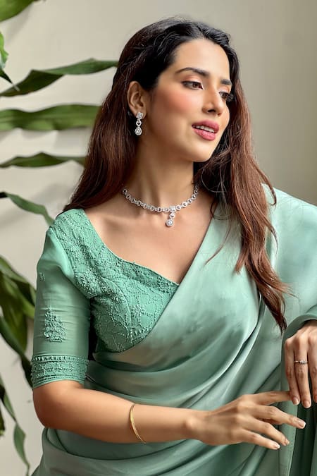 LABEL AISHWARYRIKA_Green Satin Embroidery V-neck Elsa Lehenga Saree With Blouse _Online_at_Aza_Fashions