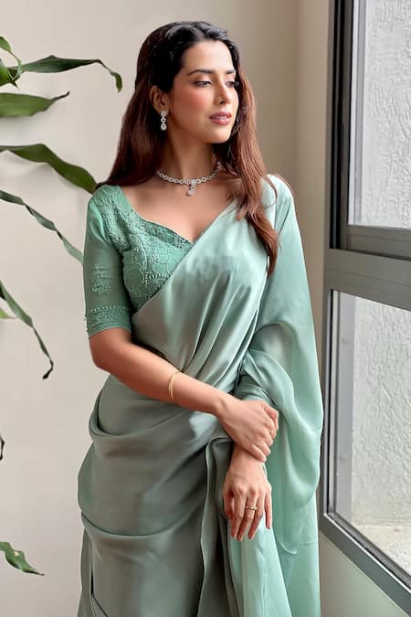 Buy_LABEL AISHWARYRIKA_Green Satin Embroidery V-neck Elsa Lehenga Saree With Blouse _Online_at_Aza_Fashions