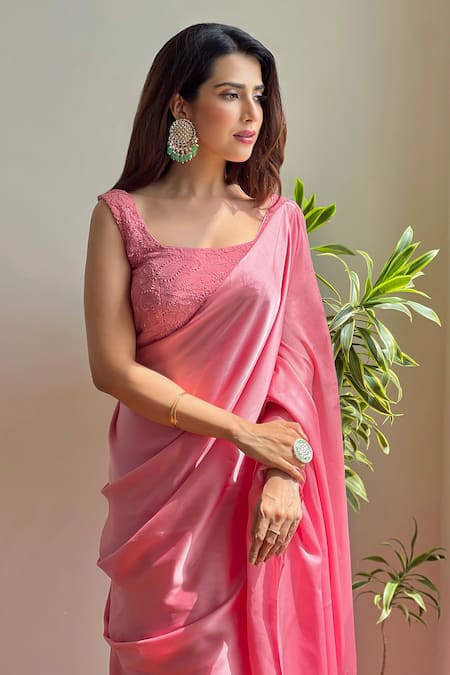 Buy_LABEL AISHWARYRIKA_Pink Satin Embroidery Square Neck Elsa Lehenga Saree With Chikankari Blouse _Online_at_Aza_Fashions