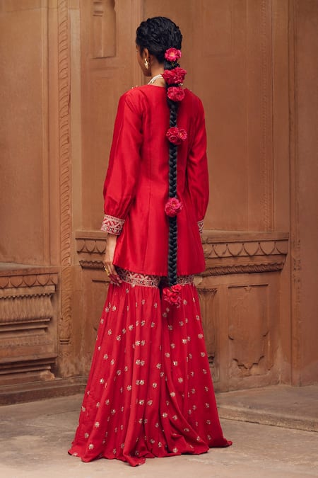 Shop Seema Nanda Red Chanderi Silk Embellished Adab Embroidered Kurta With Sharara at Aza Fashions Shop_Seema Nanda_Red Chanderi Silk Embellished Adab Embroidered Kurta With Sharara _at_Aza_Fashions