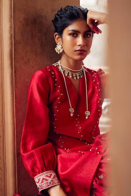 Seema Nanda Red Chanderi Silk Embellished Adab Embroidered Kurta With Sharara Online at Aza Fashions Seema Nanda_Red Chanderi Silk Embellished Adab Embroidered Kurta With Sharara _Online_at_Aza_Fashions