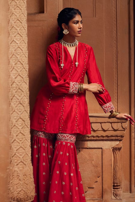Buy Seema Nanda Red Chanderi Silk Embellished Adab Embroidered Kurta With Sharara Online at Aza Fashions Buy_Seema Nanda_Red Chanderi Silk Embellished Adab Embroidered Kurta With Sharara _Online_at_Aza_Fashions