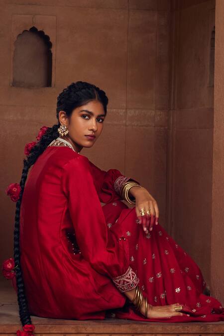 Shop Seema Nanda Red Chanderi Silk Embellished Adab Embroidered Kurta With Sharara Online at Aza Fashions Shop_Seema Nanda_Red Chanderi Silk Embellished Adab Embroidered Kurta With Sharara _Online_at_Aza_Fashions