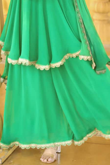 Shop_LABEL AISHWARYRIKA_Green Georgette Embroidery, Sequins Boat Neck Paisley Kurta Sharara Set _Online_at_Aza_Fashions