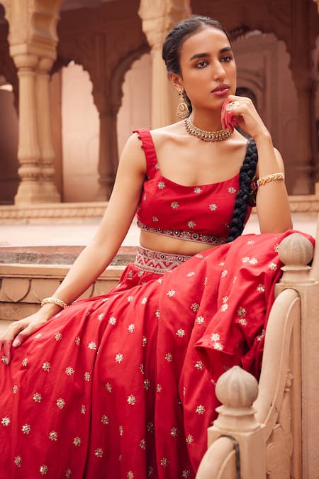 Seema Nanda_Red , Tulle, Satin Sequins, Afra Embroidered Lehenga Blouse Set _Online_at_Aza_Fashions