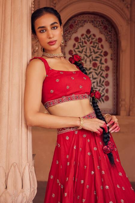 Buy_Seema Nanda_Red , Tulle, Satin Sequins, Afra Embroidered Lehenga Blouse Set _Online_at_Aza_Fashions