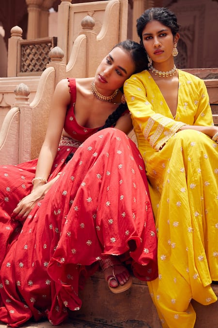 Shop_Seema Nanda_Red , Tulle, Satin Sequins, Afra Embroidered Lehenga Blouse Set _Online_at_Aza_Fashions