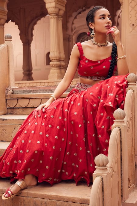 Seema Nanda_Red , Tulle, Satin Sequins, Afra Embroidered Lehenga Blouse Set _at_Aza_Fashions