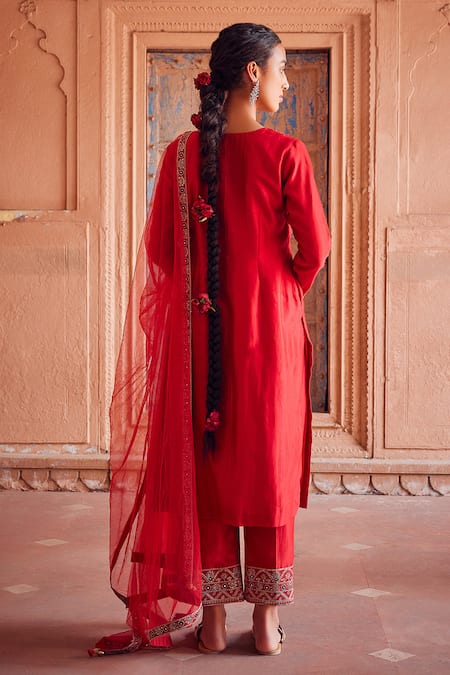 Shop Seema Nanda Red Chanderi Silk Embellished Akila Embroidered Kurta Pant Set at Aza Fashions Shop_Seema Nanda_Red Chanderi Silk Embellished Akila Embroidered Kurta Pant Set _at_Aza_Fashions