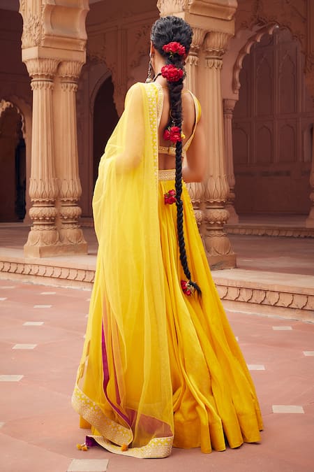 Shop Seema Nanda Yellow Chanderi Silk Embroidery Ghungroo V Dariya Embellished Lehenga Blouse Set at Aza Fashions Shop_Seema Nanda_Yellow Chanderi Silk Embroidery Ghungroo V Dariya Embellished Lehenga Blouse Set _at_Aza_Fashions
