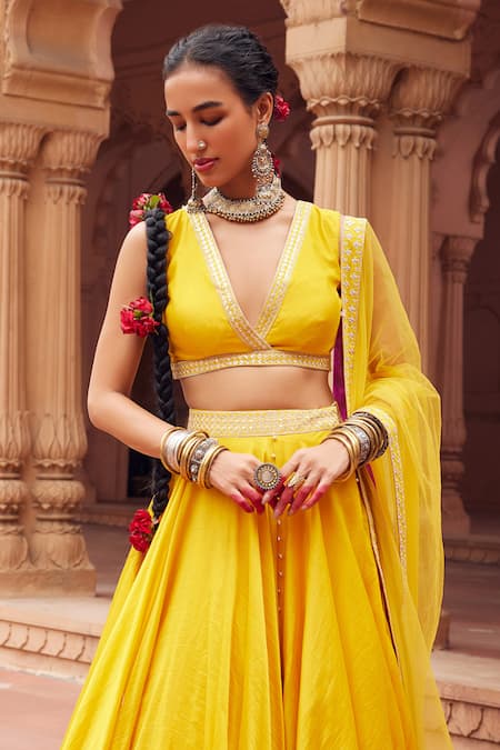 Seema Nanda Yellow Chanderi Silk Embroidery Ghungroo V Dariya Embellished Lehenga Blouse Set Online at Aza Fashions Seema Nanda_Yellow Chanderi Silk Embroidery Ghungroo V Dariya Embellished Lehenga Blouse Set _Online_at_Aza_Fashions