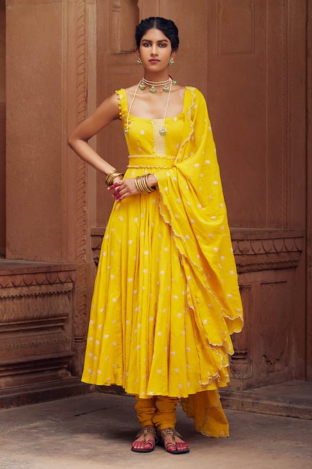 Seema Nanda Yellow Cotton Mul Embroidery Floral Butti Square Faizah Anarkali Set  