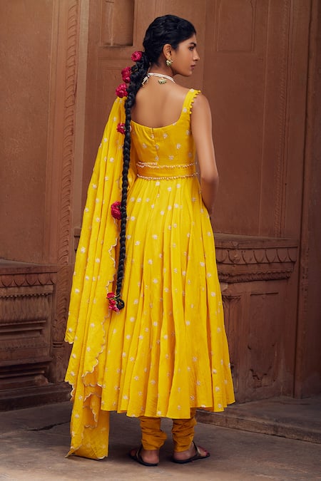 Shop Seema Nanda Yellow Cotton Mul Embroidery Floral Butti Square Faizah Anarkali Set at Aza Fashions Shop_Seema Nanda_Yellow Cotton Mul Embroidery Floral Butti Square Faizah Anarkali Set _at_Aza_Fashions