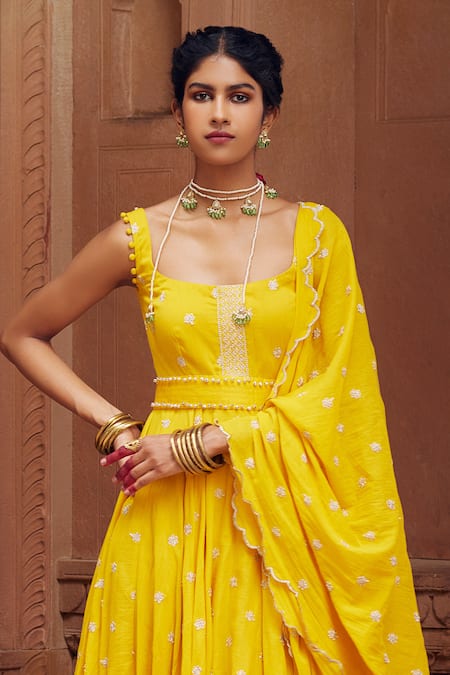 Seema Nanda Yellow Cotton Mul Embroidery Floral Butti Square Faizah Anarkali Set Online at Aza Fashions Seema Nanda_Yellow Cotton Mul Embroidery Floral Butti Square Faizah Anarkali Set _Online_at_Aza_Fashions