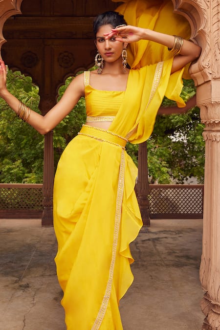 Seema Nanda_Yellow Organza Silk Falak Border Prestitched Ruffle Saree With Blouse  _Online_at_Aza_Fashions