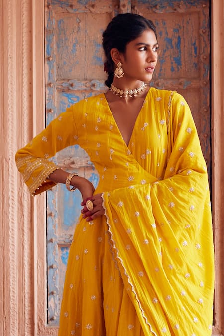 Seema Nanda Yellow Cotton Mul Farisha Butti Embroidered Anarkali Set Online at Aza Fashions Seema Nanda_Yellow Cotton Mul Farisha Butti Embroidered Anarkali Set _Online_at_Aza_Fashions