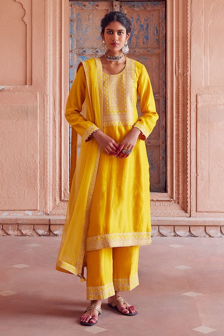 Seema Nanda Yellow Chanderi Silk Embellished Fida Embroidered Kurta Pant Set  