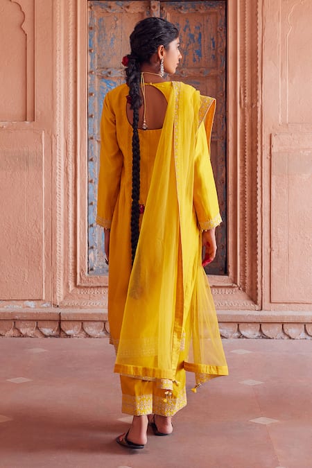 Shop Seema Nanda Yellow Chanderi Silk Embellished Fida Embroidered Kurta Pant Set at Aza Fashions Shop_Seema Nanda_Yellow Chanderi Silk Embellished Fida Embroidered Kurta Pant Set _at_Aza_Fashions