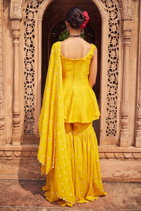 Shop Seema Nanda Yellow Cotton Gota Patti, Embroidery Square Haniya Embellished Kurta Sharara Set at Aza Fashions Shop_Seema Nanda_Yellow Cotton Gota Patti, Embroidery Square Haniya Embellished Kurta Sharara Set _at_Aza_Fashions