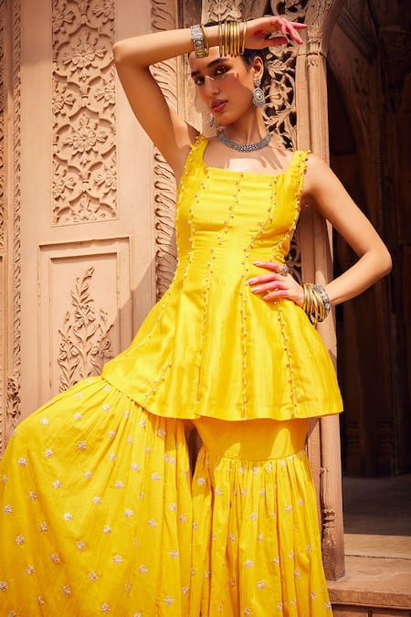 Seema Nanda Yellow Cotton Gota Patti, Embroidery Square Haniya Embellished Kurta Sharara Set Online at Aza Fashions Seema Nanda_Yellow Cotton Gota Patti, Embroidery Square Haniya Embellished Kurta Sharara Set _Online_at_Aza_Fashions