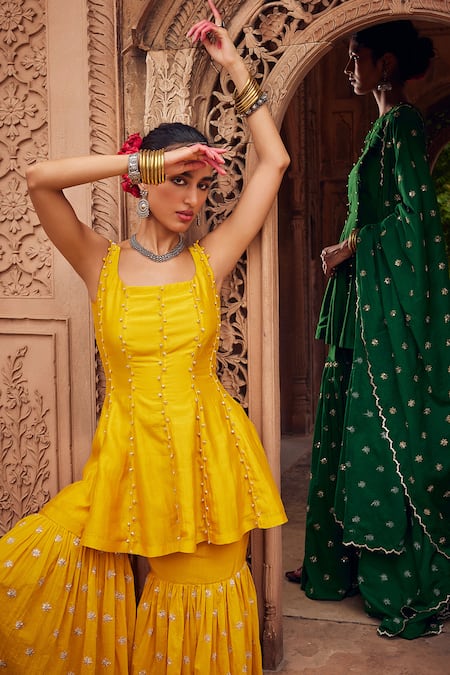 Buy Seema Nanda Yellow Cotton Gota Patti, Embroidery Square Haniya Embellished Kurta Sharara Set Online at Aza Fashions Buy_Seema Nanda_Yellow Cotton Gota Patti, Embroidery Square Haniya Embellished Kurta Sharara Set _Online_at_Aza_Fashions