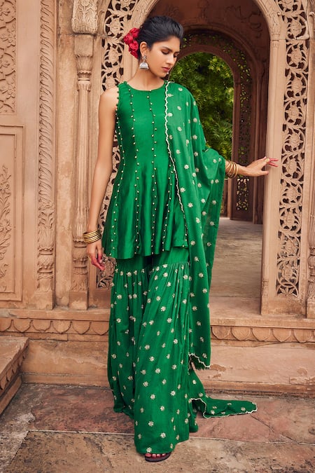 Seema Nanda Green Cotton Mul Haniya Ghungroo Embellished Kurta Sharara Set