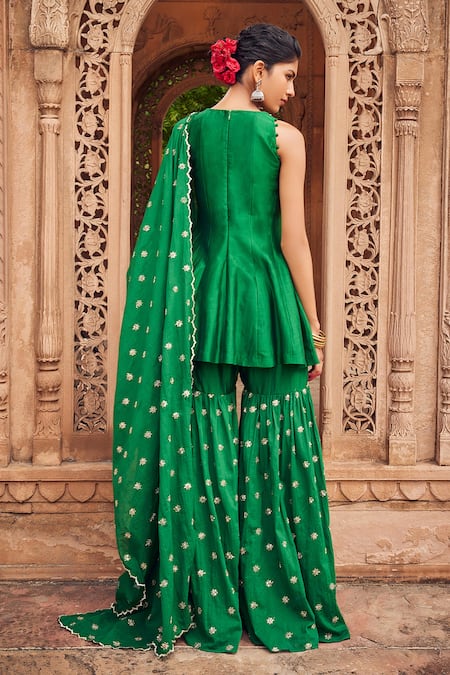 Shop Seema Nanda Green Cotton Mul Haniya Ghungroo Embellished Kurta Sharara Set at Aza Fashions Shop_Seema Nanda_Green Cotton Mul Haniya Ghungroo Embellished Kurta Sharara Set _at_Aza_Fashions