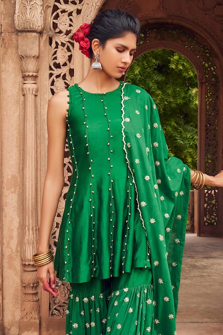 Seema Nanda Green Cotton Mul Haniya Ghungroo Embellished Kurta Sharara Set Online at Aza Fashions Seema Nanda_Green Cotton Mul Haniya Ghungroo Embellished Kurta Sharara Set _Online_at_Aza_Fashions