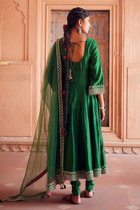 Shop Seema Nanda Green Chanderi Silk Kamal Placed Dori Anarkali Churidar Set at Aza Fashions Shop_Seema Nanda_Green Chanderi Silk Kamal Placed Dori Anarkali Churidar Set _at_Aza_Fashions