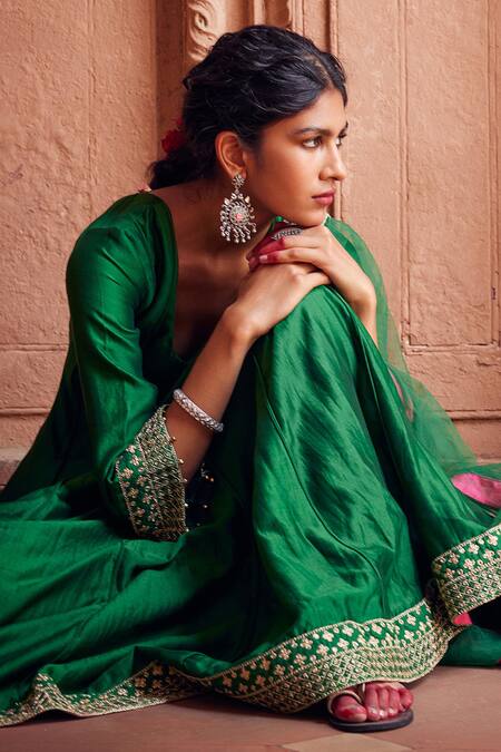 Seema Nanda Green Chanderi Silk Kamal Placed Dori Anarkali Churidar Set Online at Aza Fashions Seema Nanda_Green Chanderi Silk Kamal Placed Dori Anarkali Churidar Set _Online_at_Aza_Fashions