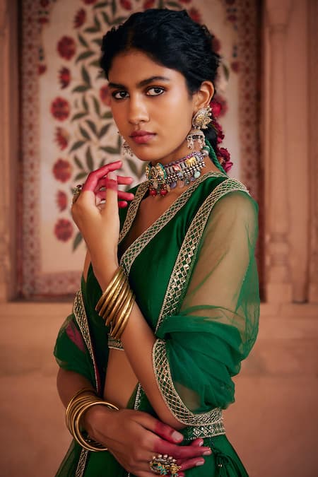 Seema Nanda_Green Chanderi Silk, Tulle Sequins, Farah Placement Embroidered Lehenga Set _Online_at_Aza_Fashions