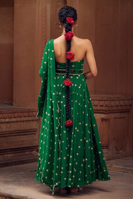 Shop Seema Nanda Green Cotton Mul Embroidered Inara Dori Floral Anarkali Churidar Set at Aza Fashions Shop_Seema Nanda_Green Cotton Mul Embroidered Inara Dori Floral Anarkali Churidar Set _at_Aza_Fashions