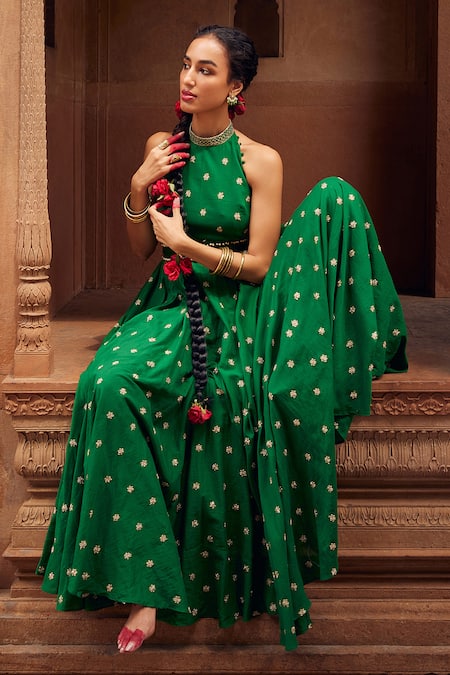 Seema Nanda Green Cotton Mul Embroidered Inara Dori Floral Anarkali Churidar Set at Aza Fashions Seema Nanda_Green Cotton Mul Embroidered Inara Dori Floral Anarkali Churidar Set _at_Aza_Fashions