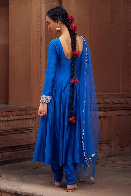 Shop Seema Nanda Blue Chanderi Silk Misbah Embellished Anarkali Churidar Set at Aza Fashions Shop_Seema Nanda_Blue Chanderi Silk Misbah Embellished Anarkali Churidar Set _at_Aza_Fashions