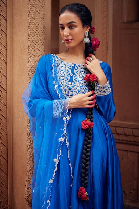 Seema Nanda Blue Chanderi Silk Misbah Embellished Anarkali Churidar Set Online at Aza Fashions Seema Nanda_Blue Chanderi Silk Misbah Embellished Anarkali Churidar Set _Online_at_Aza_Fashions