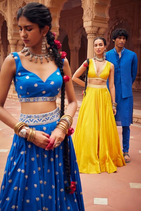 Buy Seema Nanda Blue Cotton Mul Embroidered Sequin V-neck Ozza Dori Lehenga Set Online at Aza Fashions Buy_Seema Nanda_Blue Cotton Mul Embroidered Sequin V-neck Ozza Dori Lehenga Set _Online_at_Aza_Fashions