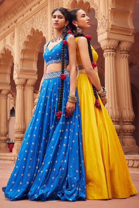 Shop Seema Nanda Blue Cotton Mul Embroidered Sequin V-neck Ozza Dori Lehenga Set Online at Aza Fashions Shop_Seema Nanda_Blue Cotton Mul Embroidered Sequin V-neck Ozza Dori Lehenga Set _Online_at_Aza_Fashions