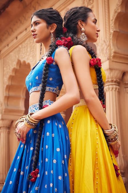 Seema Nanda Blue Cotton Mul Embroidered Sequin V-neck Ozza Dori Lehenga Set at Aza Fashions Seema Nanda_Blue Cotton Mul Embroidered Sequin V-neck Ozza Dori Lehenga Set _at_Aza_Fashions