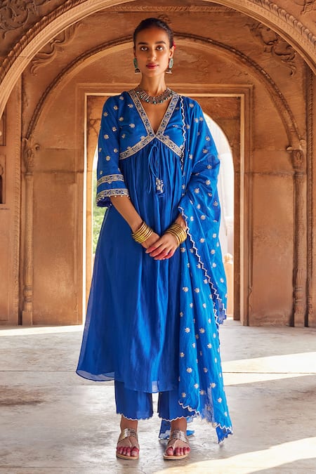 Seema Nanda Blue Chanderi Silk Embroidered Sarah Dori Yoke Anarkali Pant Set  