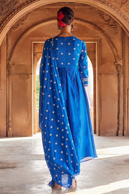 Shop Seema Nanda Blue Chanderi Silk Embroidered Sarah Dori Yoke Anarkali Pant Set at Aza Fashions Shop_Seema Nanda_Blue Chanderi Silk Embroidered Sarah Dori Yoke Anarkali Pant Set _at_Aza_Fashions